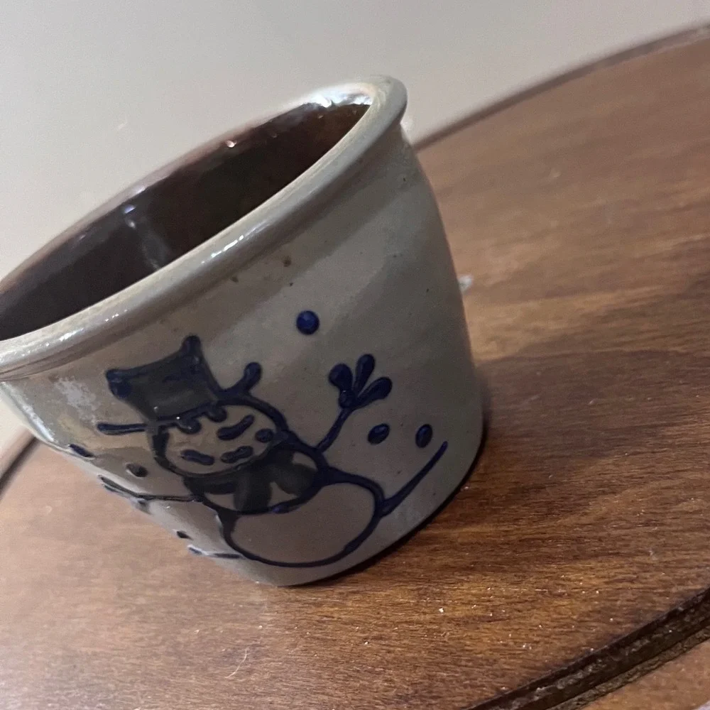 Vtg Blue Cobalt Snowman Salt Glaze Stoneware Small Crock Miniature Pot Gray